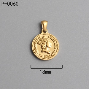 Detail view of 18mm gold plated roman coin pendant showing embossed queen portrait