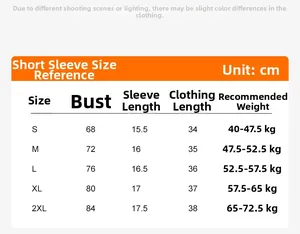 Size guide for short sleeve yoga top with detailed measurements for S to 2XL sizes