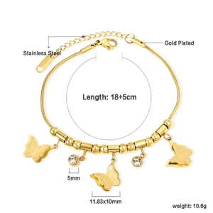 Detailed specs of gold butterfly bracelet in stainless steel with crystal accents