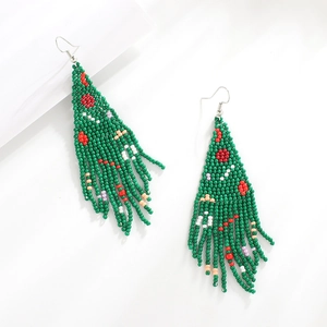 Handmade beaded Christmas tree fringe earrings with multi-color beads on white background