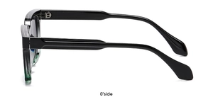 Side view of square matte sunglasses featuring black temples and translucent green frame