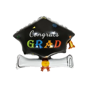 Doctoral cap and diploma shaped foil balloon with Congrats GRAD print for graduation party