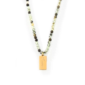 Handmade peridot beaded necklace with a gold plated titanium steel Love square pendant