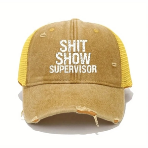 Distressed trucker hat with Shit Show Supervisor slogan in yellow and brown mesh