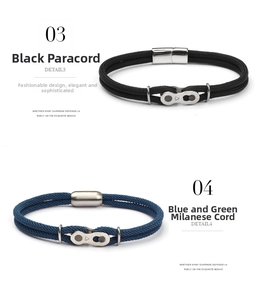 Detail of mountain bike chain style bracelets with paracord and magnetic clasp