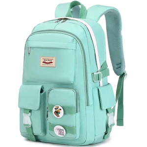 Detail view of mint green backpack with multiple functional pockets and durable clips