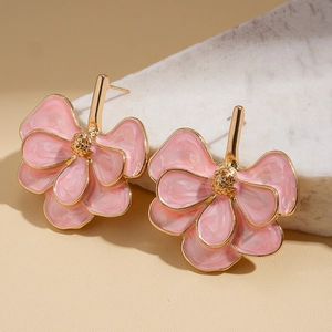 Pink enamel ginkgo leaf flower drop earrings with gold plating on stone base