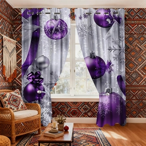 Christmas blackout curtains in purple with silver snowflake patterns and metal rings