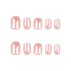 Glossy pale pink short square press-on nails set with high-shine reflective finish