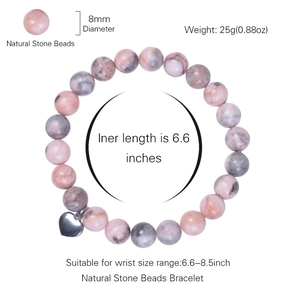 8mm Pink Zebra natural stone bracelet with heart pendant and product dimensions display