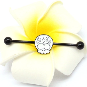 Industrial barbell earring in black stainless steel with a white sugar skull charm
