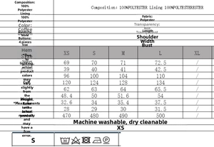 Size chart for brown satin patchwork blazer with detailed polyester fabric and wash care info