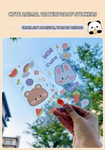 Detailed view of two waterproof PVC sticker sheets with cartoon rabbit and bear motifs