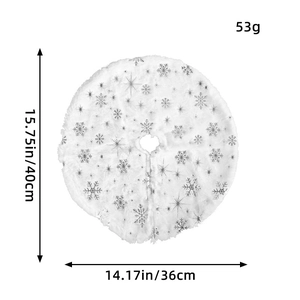 Detailed size chart of white faux fur Christmas tree skirt with silver snowflakes