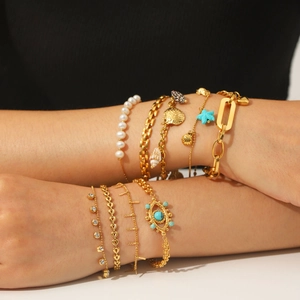 Set di bracciali in oro acciaio inossidabile con malocchio, perle e pietre naturali