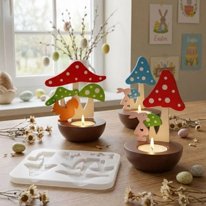 Detail der Silikonform für Pilz- und Eichhörnchen mit bunten DIY-Osterkerzenhaltern