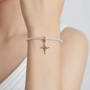 S925 sterling silver mesh bracelet with intricate rose entwined cross charm pendant