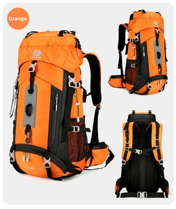 Detailed views of orange 60L hiking backpack showing front, side and back support system