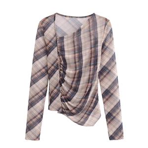 Damen Kariertes Polyester Netz Langarm Raffshirt Und Asymmetrischer Rock Mit Hoher Taille Streetwear Casual Stil