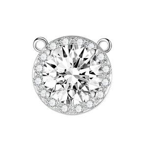 Detail of a silver circular pendant featuring a halo-set clear cubic zirconia gemstone