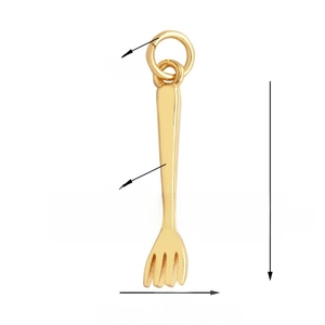 Detailed macro view of a gold-plated fork-shaped charm with precise dimensions