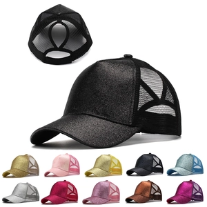 Women Glitter Ponytail Baseball Cap Sequin Mesh Breathable Sun Hat Adjustable High Bun Summer Shiny Accessory
