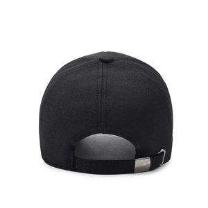 Black men's baseball cap with extended brim and adjustable metal buckle back view
