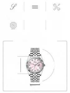Size chart for women's quartz watch with 31mm pink diamond dial and steel strap
