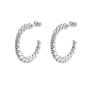 Silver twisted rope C-shape stainless steel hoop earrings for women in minimalist style
