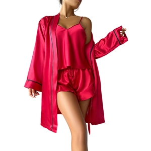 Three-piece red ice silk pajama set with satin robe, camisole, and shorts for women
