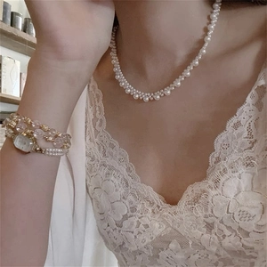 Elegant beaded pearl necklace and multilayered pearl watch set for women in retro style