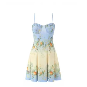 Bohemian gradient blue and yellow strap dress with orange fruit prints and slim waist