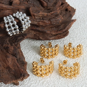 Three-row metal bead C-shape hoop earrings in polished gold and silver minimalist finishes
