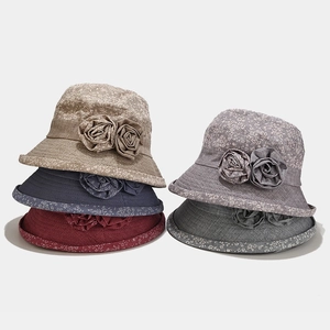 Breathable elderly women's floral bucket hat with 3D flower detail in five color options