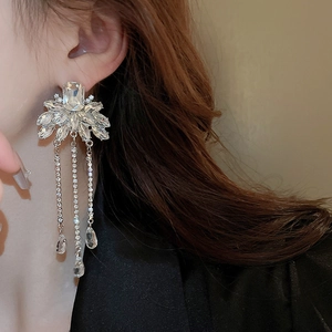 Detailed view of luxury crystal flower tassel earrings worn with a black blazer outfit