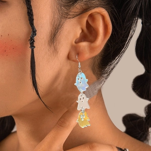 Three-tier colorful laser acrylic ghost earrings with iridescent finish for Halloween