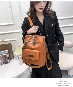 Detail of caramel PU leather backpack with multiple zip pockets and adjustable straps