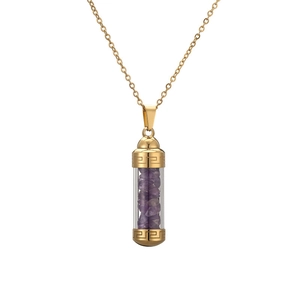 Detailed close-up of golden perfume bottle necklace with purple natural stones