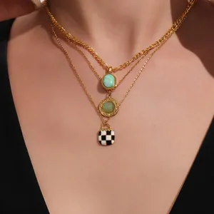 Vintage Stainless Steel Necklace For Women Natural Stone Oval Pendant Checkerboard Bag Charm Layered Chain Fashion Jewelry