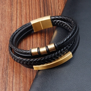 Multi-layer black braided leather bracelet for men with golden magnetic metal clasp