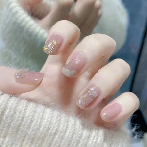 Pink Gradient French Press On Nails With 3D Bow Rhinestones Gold Foil Glitter Elegant Fake Nails For Women