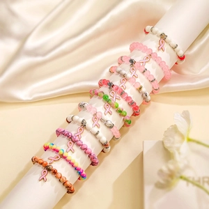 Bracelets en perles de sensibilisation au cancer du sein avec ruban rose et pierres