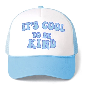 Blue and white trucker hat with 'IT'S COOL TO BE KIND' text and mesh back