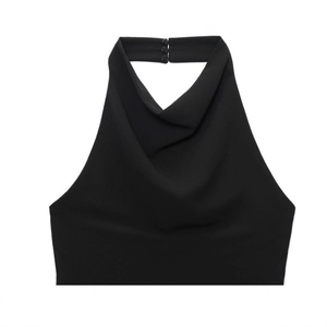 Elegant black halter cowl neck midi dress with open back and three-button closure