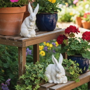 Statues de jardin lapin mère et bébé en résine trois pièces avec texture de fourrure fine