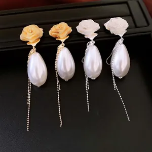 French Retro Rose Flower Tassel Earrings With Water Drop Faux Artificial Pearl And Silver Earring Post Elegant Palace Style For Women