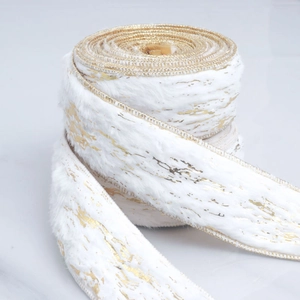 White faux fur ribbon with gold foil marbling and metallic edges for festive DIY decoration