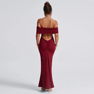 Detail view of burgundy off-shoulder backless dress featuring elegant ruched back detail