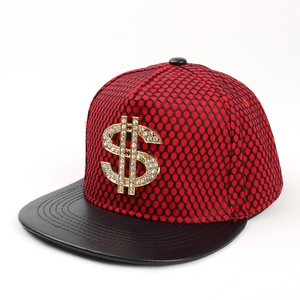 Detail of red and black mesh snapback cap with a sparkling rhinestone dollar symbol
