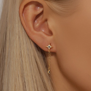 Close-up of S925 silver star tassel earrings with blue stones and gold-plated chains